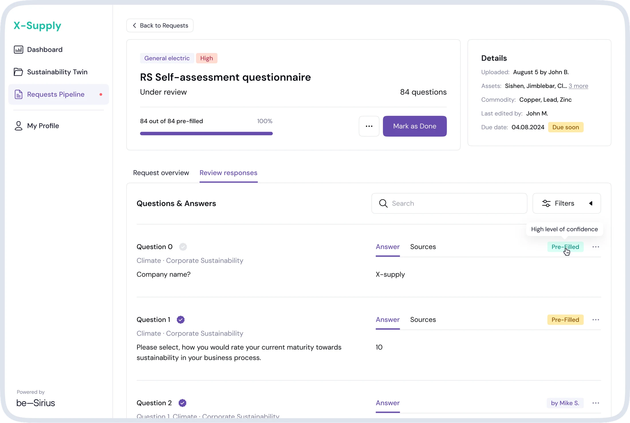 Request review screen where users check pre-filled answers, view sources and mark the request as done