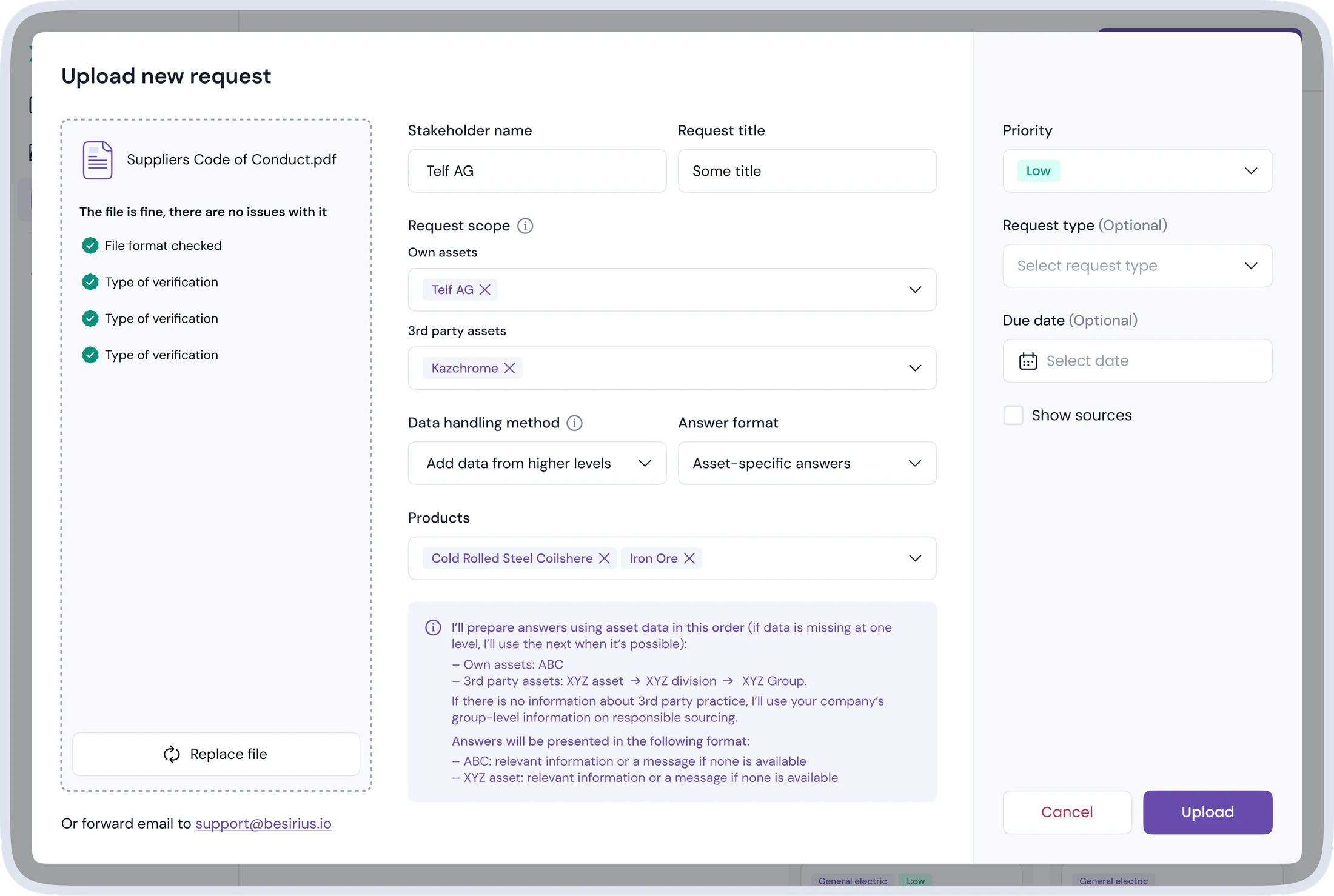 Upload flow for creating a new request, setting the scope, choosing assets and products and defining the answer format