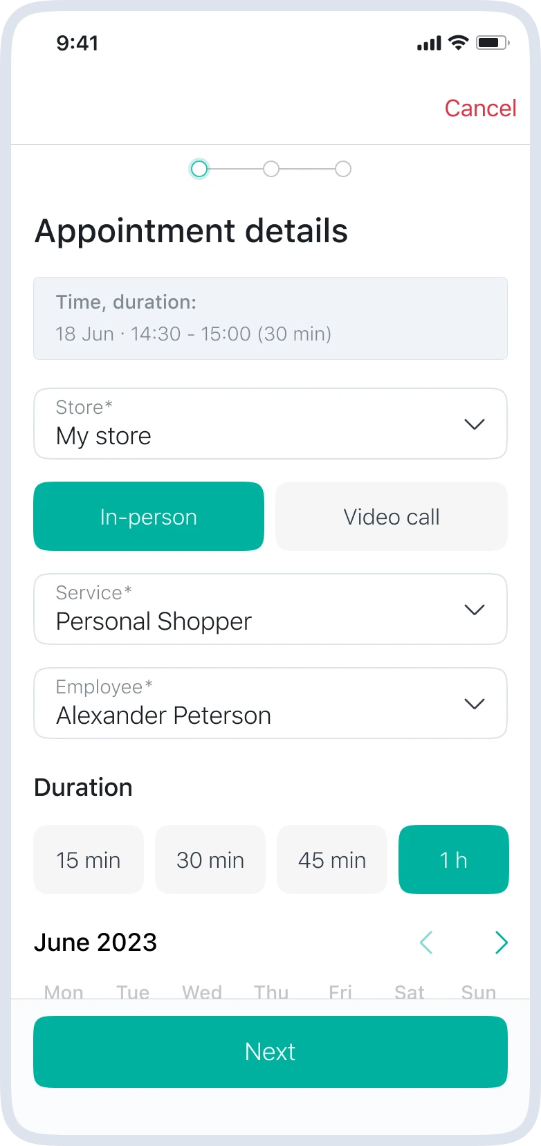 Mobile appointment screen