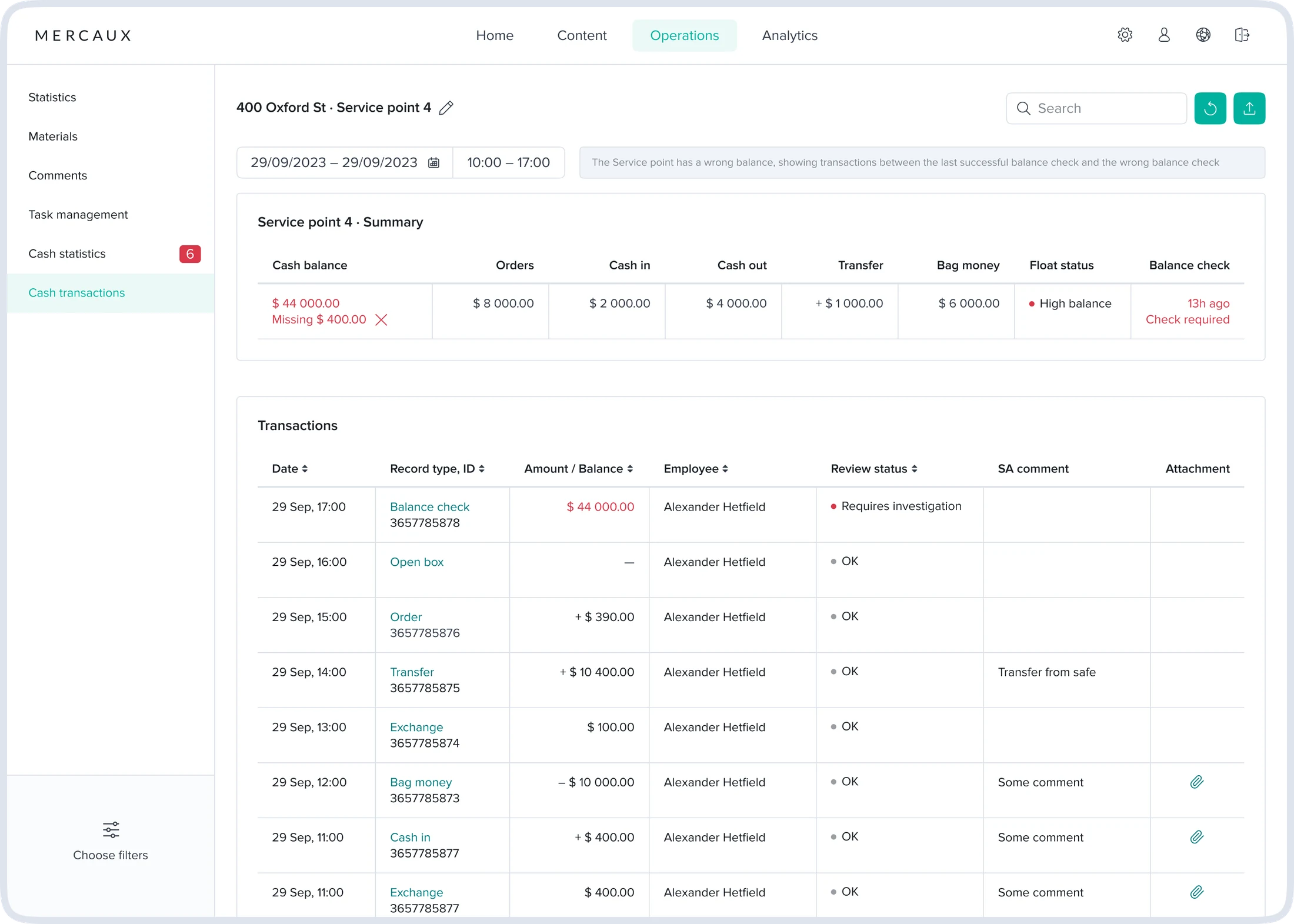 Transactions screen in the web portal for viewing cash operations, balance issues, comments and attachments