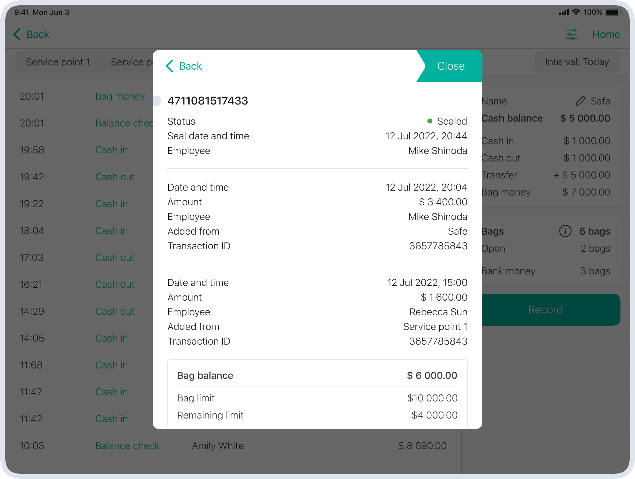 Cash bag details screen showing all transactions related to a specific bag