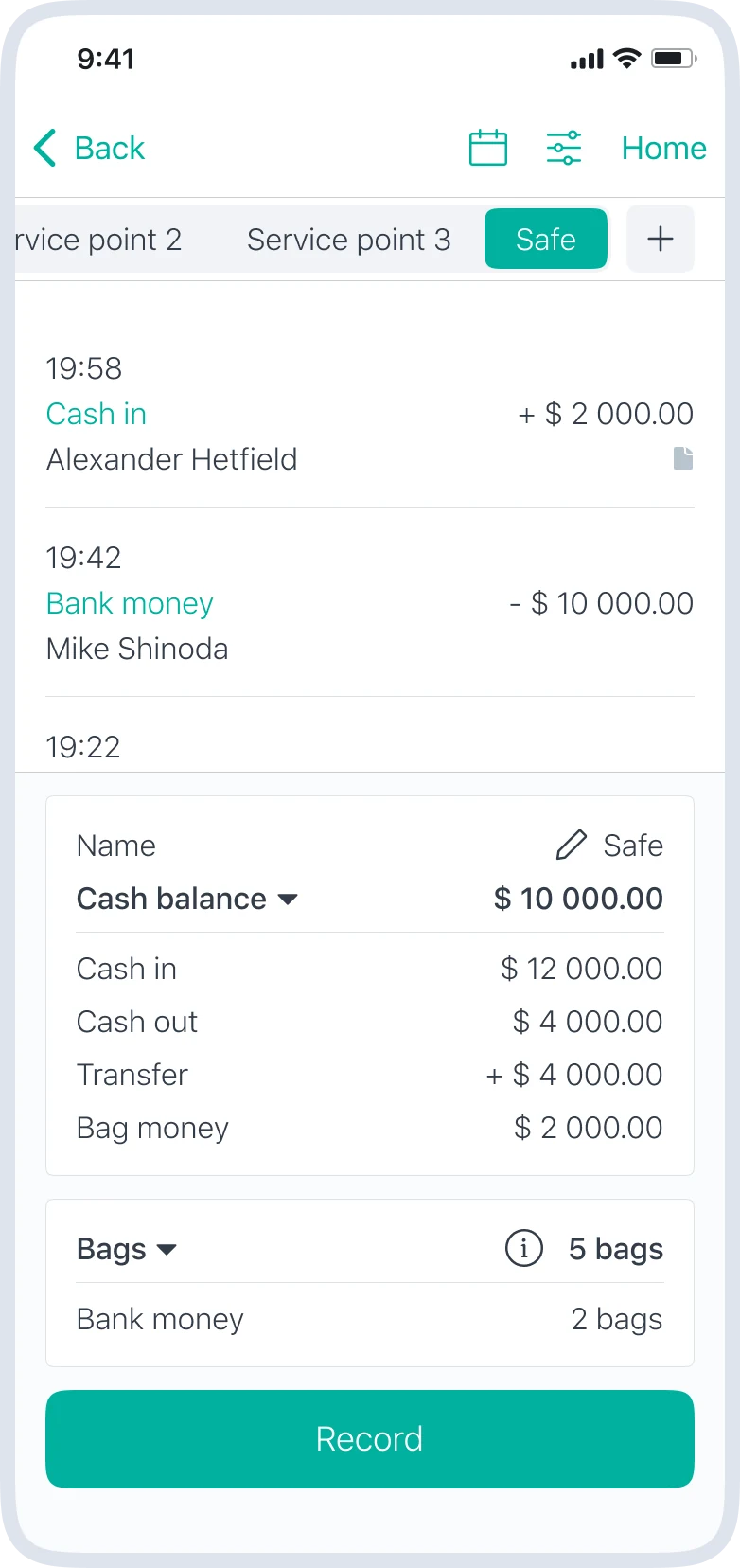 Mobile cash management screen