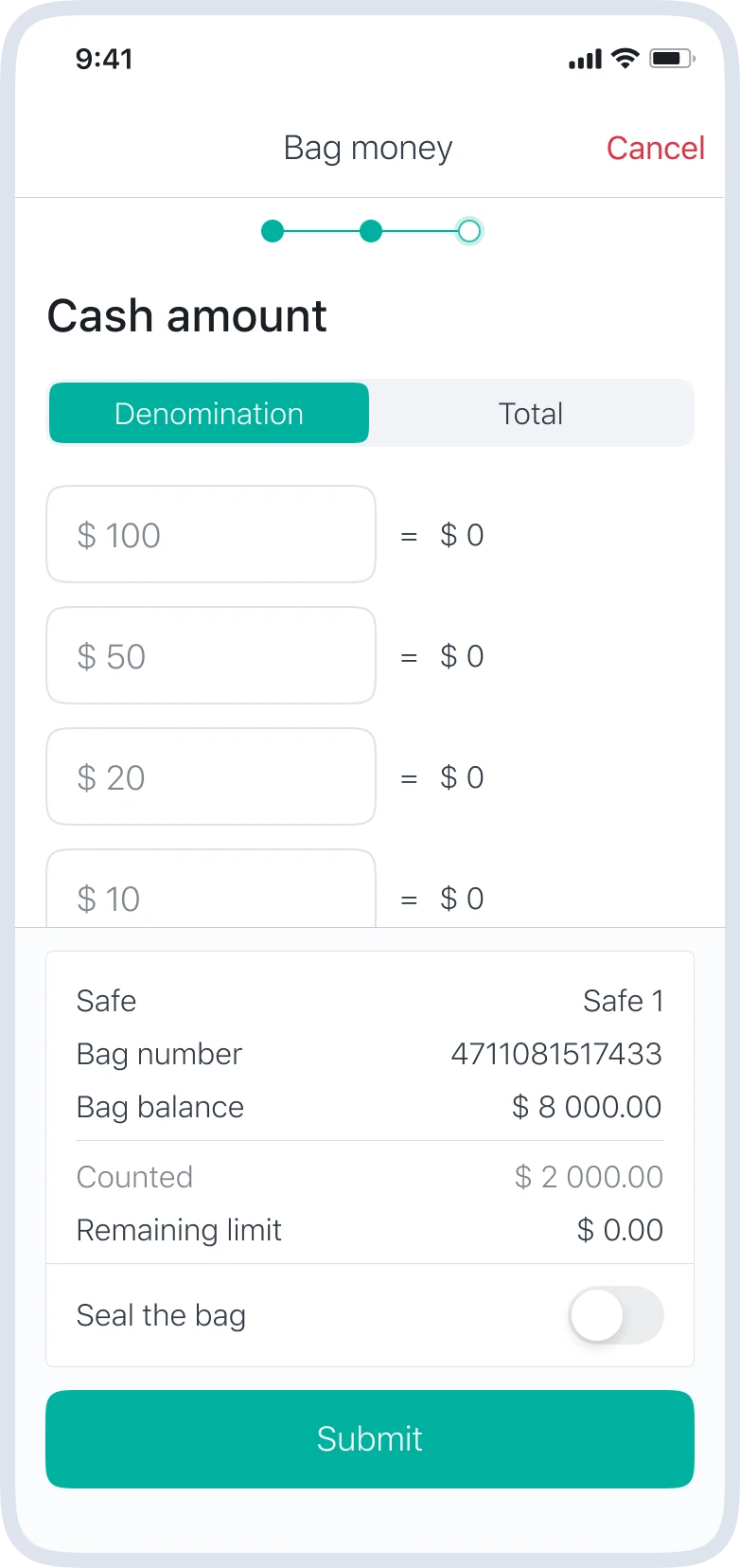 Mobile cash management screen