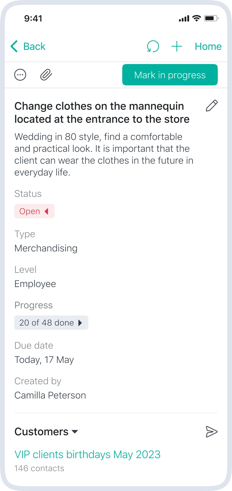 Mobile task screen