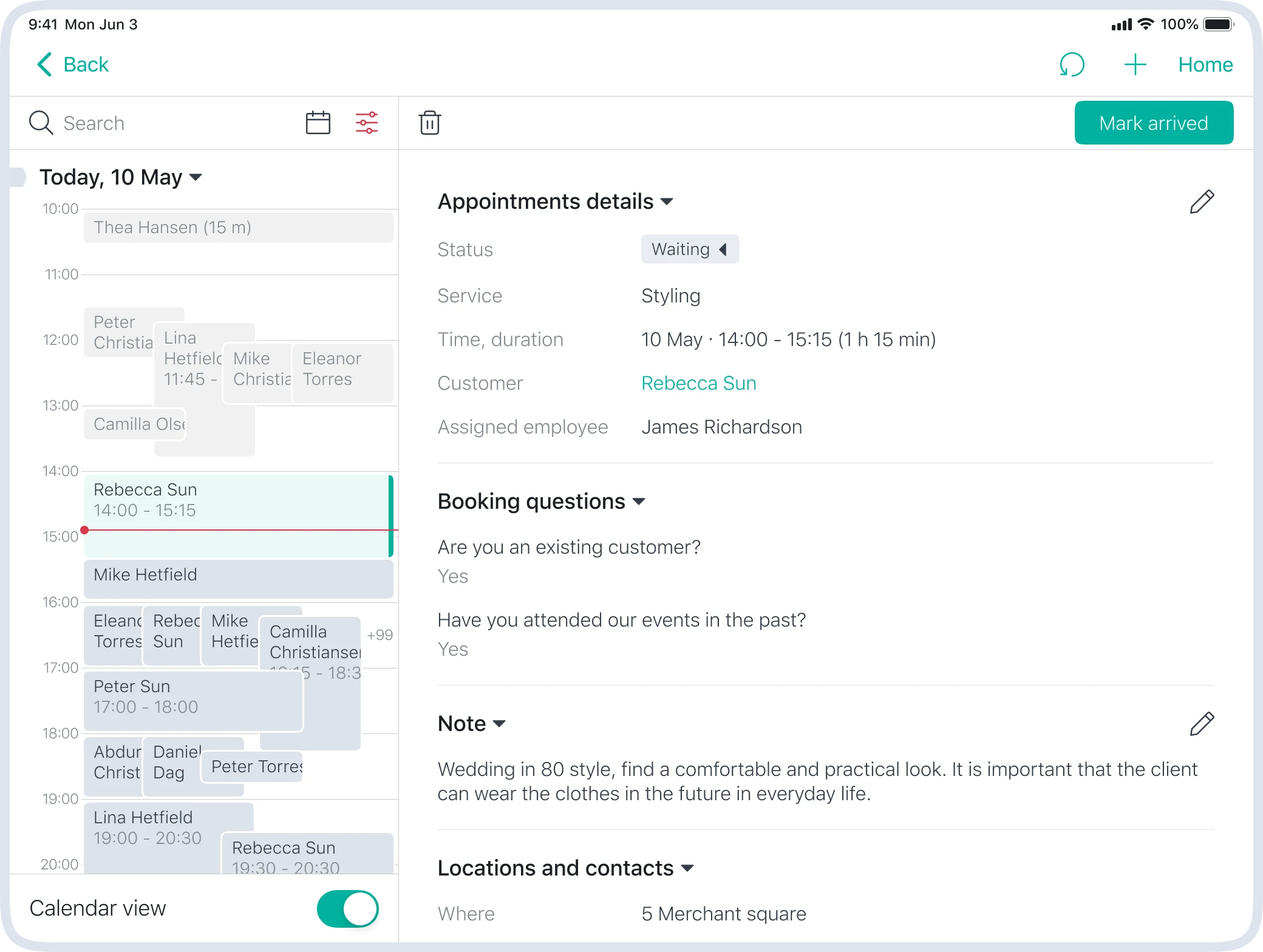 Calendar screen for managing upcoming appointments and the store schedule