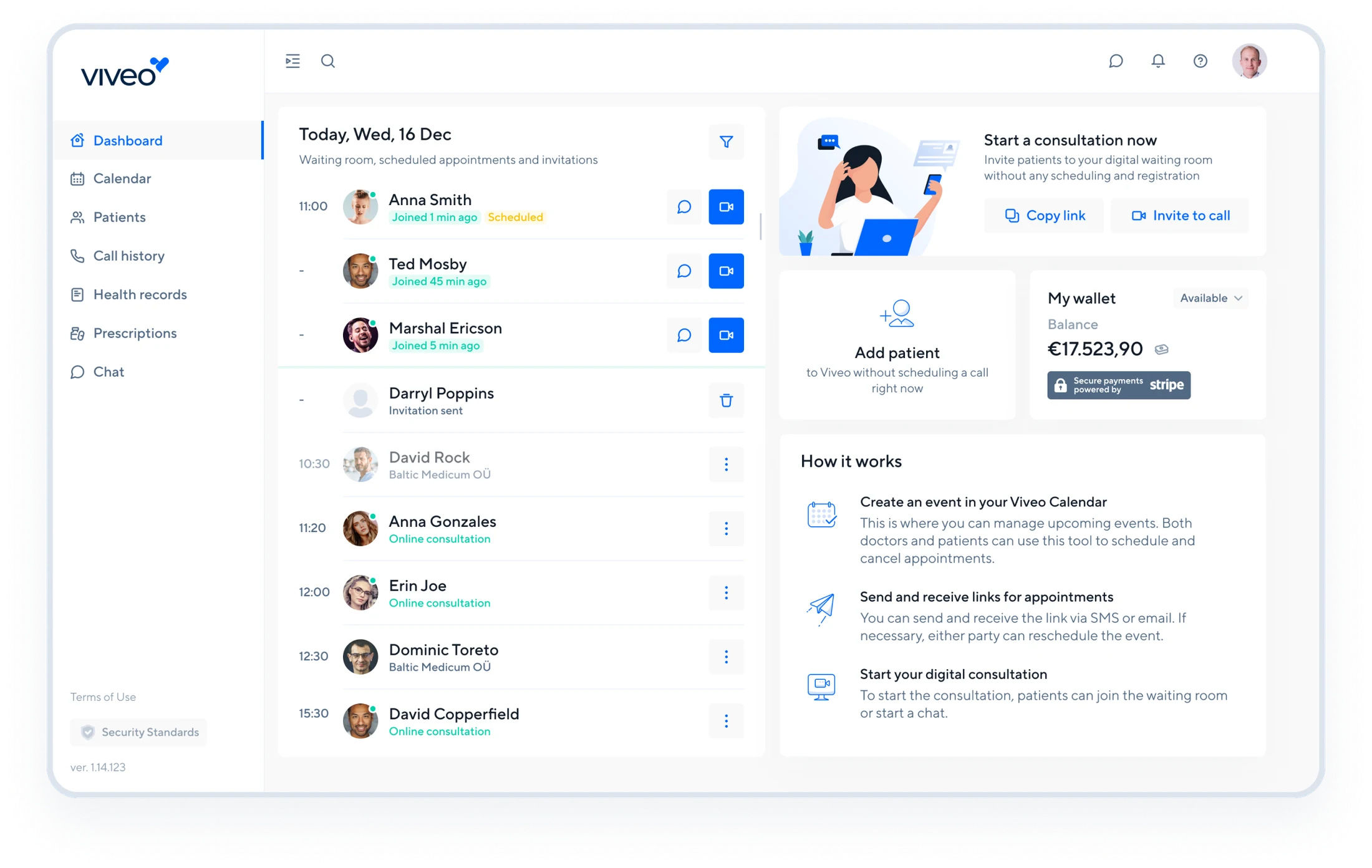 Doctor’s dashboard with today’s consultations, patient invitations and quick access to online appointments