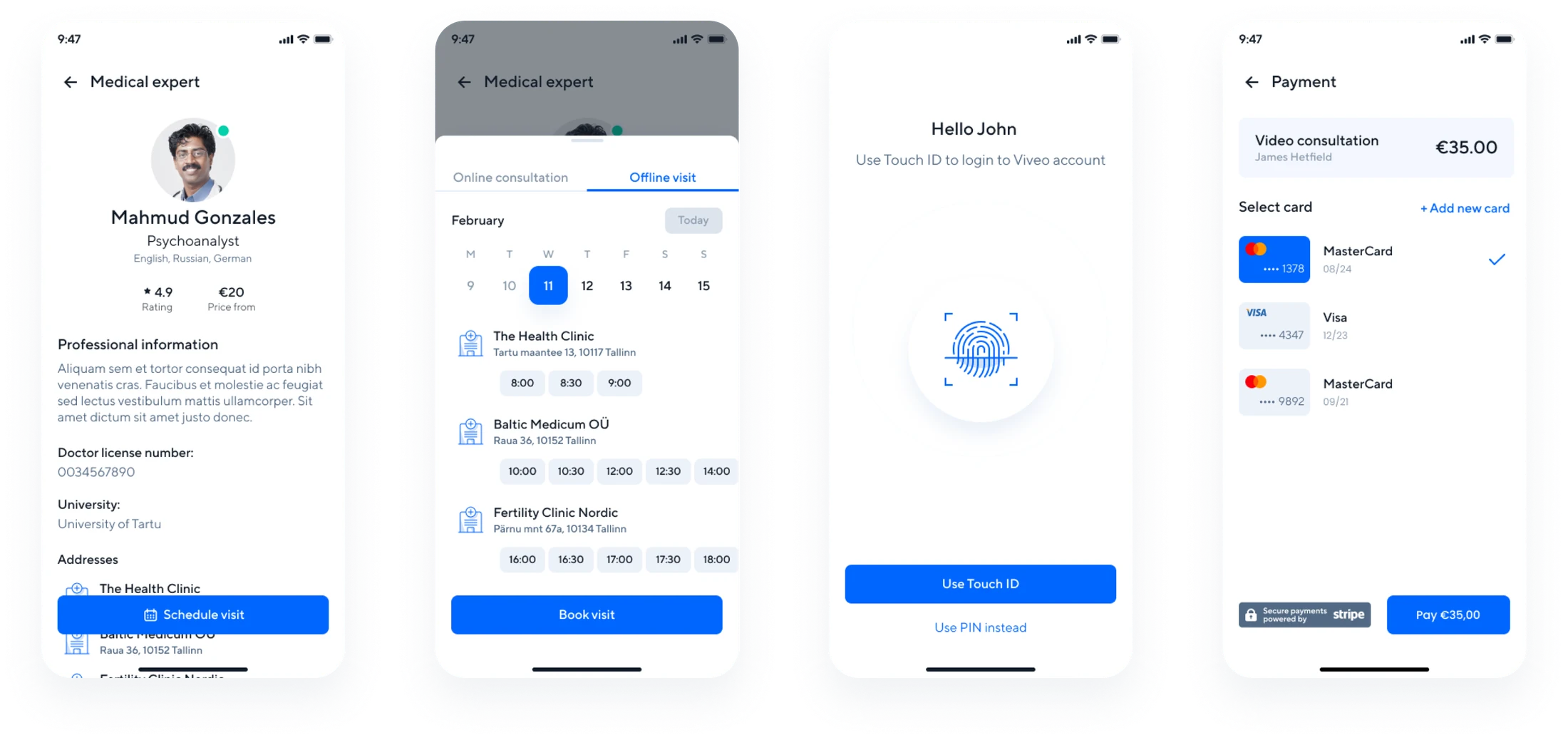 Patient mobile app with doctor search, booking, video consultation, chat, sign-in and payment